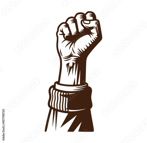 Brown illustration of a raised fist wearing a rolled up sleeve