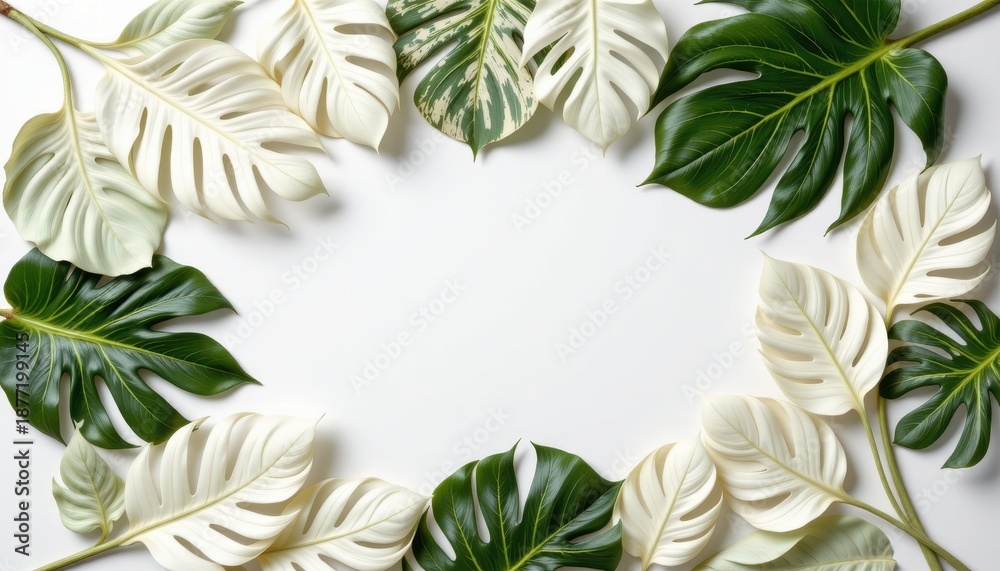 Fototapeta premium Tropical Foliage with Varied Leaf Shapes and Textures arranged around a Blank Space for Creative Use