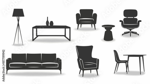 Collection of modern furniture silhouettes for interior design.