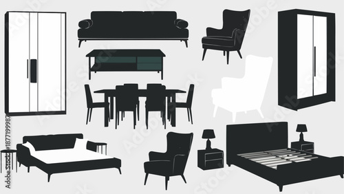 Collection of modern furniture silhouettes for interior design.