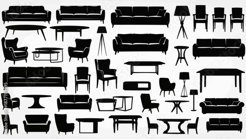 Collection of modern furniture silhouettes for interior design.