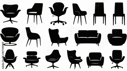 Collection of modern furniture silhouettes isolated on white background.