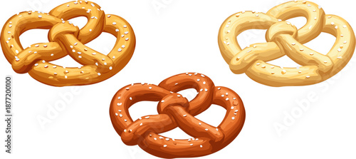 Set of cute cartoon pretzels in different colors, in clip art style, isolated on white background