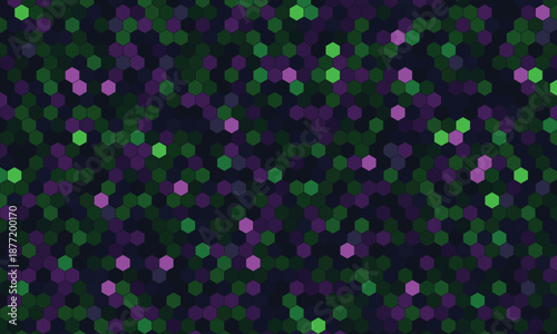 Seamless abstract hexagonal pattern in vibrant green and purple ideal for modern digital backgrounds technology and data visualization