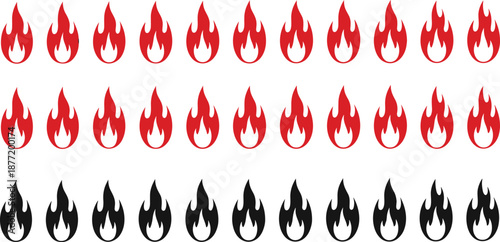 Set of Red and Black Flame Silhouette Icons Featuring Minimalist Fire Symbols for Heat Energy and Warning Design.