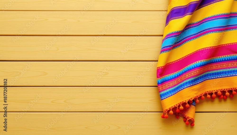 Obraz premium Colorful textile with vibrant stripes and pom pom details on a wooden background for creative design applications