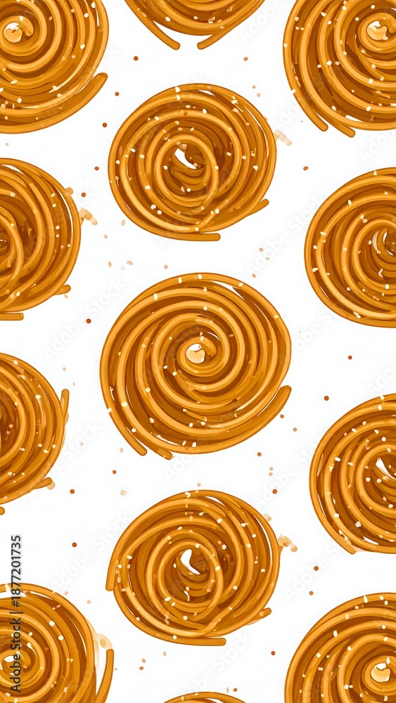 Fototapeta premium A repeating pattern features golden-brown, spiral-shaped snacks with small, scattered reddish particles. The background is stark white