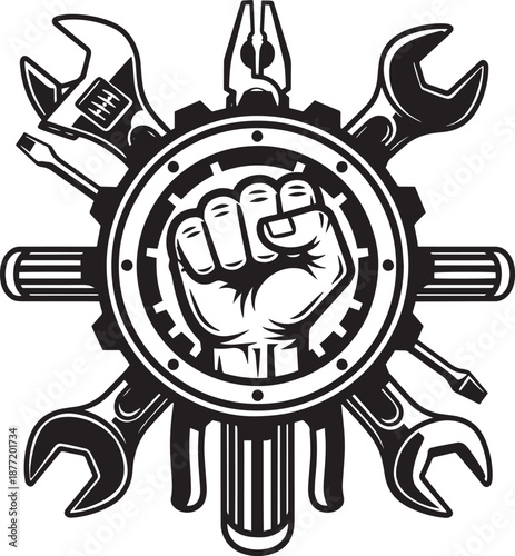 Fist clenched inside gear surrounded by tools wrench