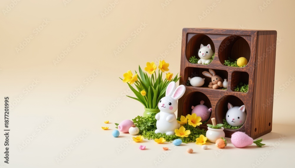 Obraz premium Easter decorations with cute bunny figurines and colorful flowers on a pastel background for spring celebrations