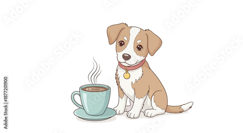 Adorable cartoon puppy sitting next to a steaming cup of coffee ready for morning wake up
