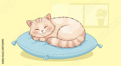 Adorable cartoon kitten sweetly sleeping on a soft blue pillow with a peaceful window background