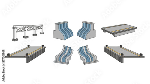 Various road bridge designs and infrastructure components illustrated in a graphic display
