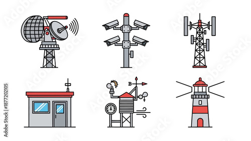 Collection of communication towers, broadcasting stations, and navigation aids displayed in a modern graphic illustration style.
