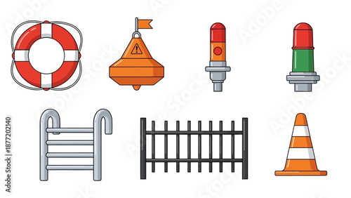 Collection of safety signs and symbols on white background viewed from directly above