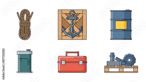Assorted industrial icons and nautical symbols arranged neatly on a plain white background from a direct viewpoint