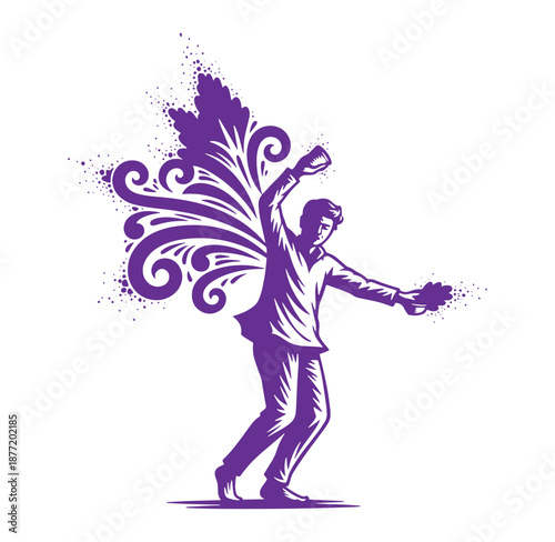 Man dancing with swirling floral design and purple paint splatters  dynamic illustration