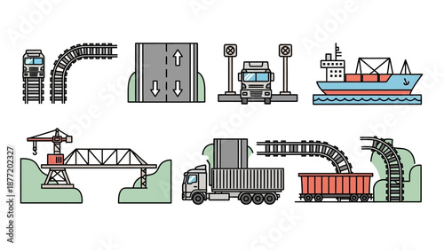 Industrial machinery and transport vehicles operating in a factory setting with conveyor belts and cargo ship