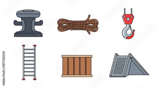 Construction elements including cleat, rope, hook, ladder, and crate displayed in a grid layout