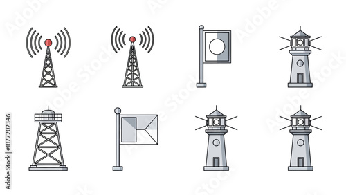 Various lighthouses and communication towers depicted in simple illustrations from a straightforward viewpoint