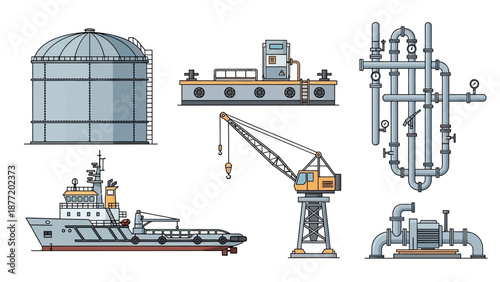 Industrial machinery and vessels in operation, showcasing cranes, ships, and pipes in a technical illustration view