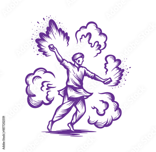 man in a martial arts stance with smoke effects around him in purple color