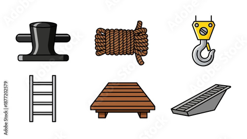 Collection of Industrial Equipment Icons Featuring Mooring, Ropes, and Machinery in a Clean and Simple Visual Representation