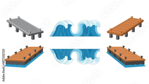 Illustration of dock and wave elements from various viewpoints