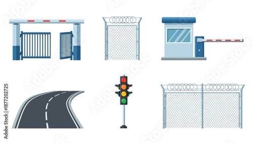 Illustration of road infrastructure elements including gates, barriers, and traffic light viewed from a distance