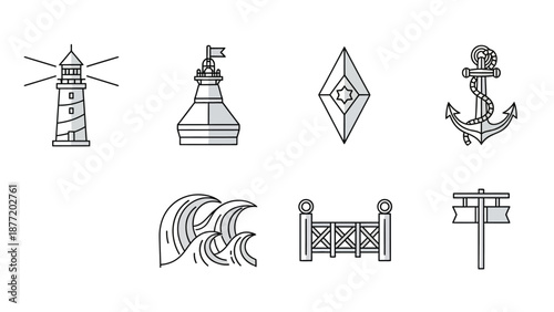 Illustration of nautical symbols including lighthouses and anchors displayed in a grid on a simple background from a straightforward viewpoint