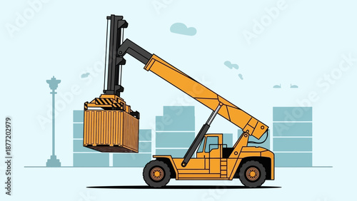 Forklift lifting container in urban industrial setting from side view