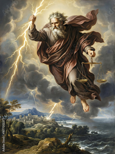 God the Father descending from heaven to administer divine justice upon the world.