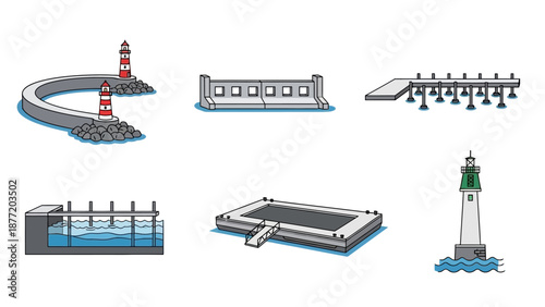 Illustration of various coastal structures including lighthouses and piers from a bird's eye view