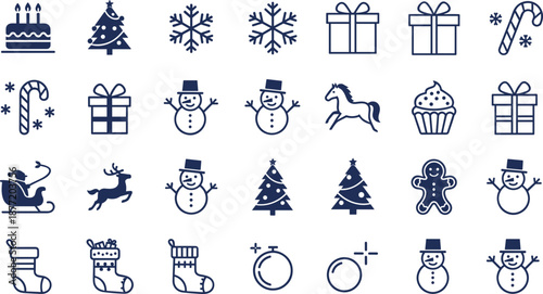 Large dark blue holiday icon set with birthday cake snowmen Christmas trees reindeer santa and gift boxes on white.