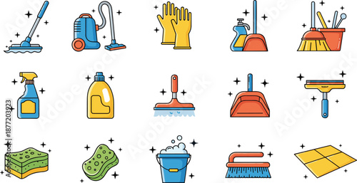 Cleaning and housekeeping icon set, household cleaning tools, hygiene supplies, home maintenance equipment, sanitation and janitorial concepts