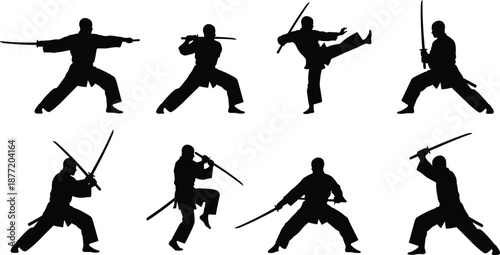 Martial arts sword silhouettes in dynamic stances, katana combat poses, traditional Japanese warrior discipline, striking