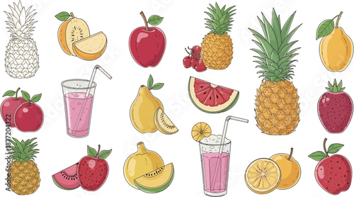 A vibrant collection of hand-drawn illustrations featuring various fresh fruits like pineapples, apples, strawberries, watermelons, and melons, alongside refreshing fruit smoothies and juices.
