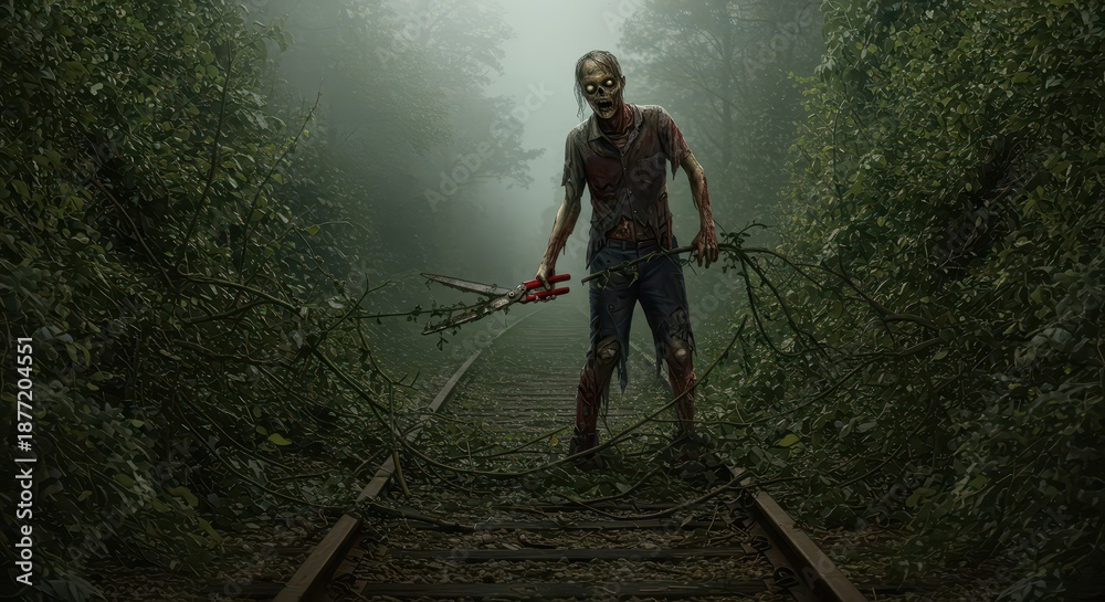 Obraz premium Undead creature stands blocking overgrown abandoned railway tracks shrouded in fog