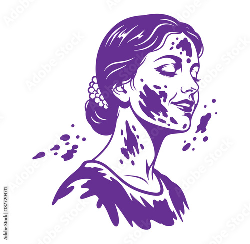 Purple illustration of a woman with paint splatters on her face and neck turning right