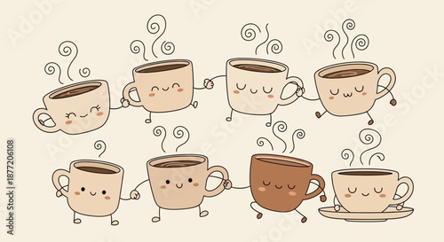 Cheerful coffee cups cartoon characters holding hands, coffee time and happiness background