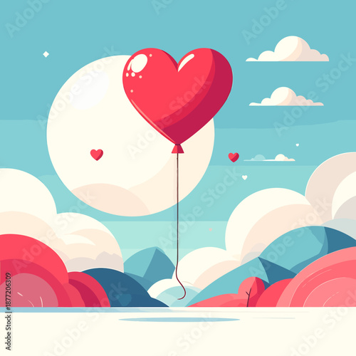 A vibrant heart-shaped balloon floats gently in the sky on Valentine’s Day, surrounded by fluffy clouds and a serene landscape view