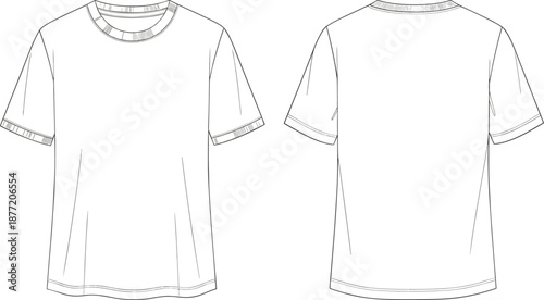 Technical fashion flat sketch of a classic short sleeve crew neck t-shirt for men and women apparel design and clothing manufacturing templates.