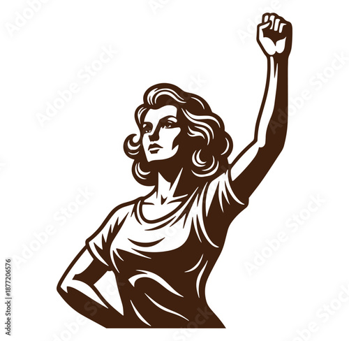 woman with raised fist and confident expression in brown monochrome style