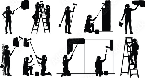 Black silhouette icons of professional female house painters and decorators using rollers brushes and ladders for home renovation construction and interior improvement design illustration.