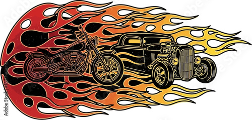 Dynamic illustration of a classic hot rod car and motorcycle engulfed in vibrant, fiery flames, symbolizing speed and power.