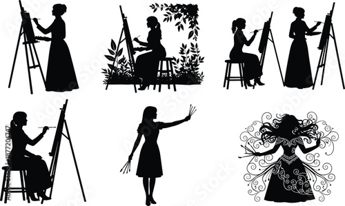 Black silhouette icons of female artists painting at easels and holding brushes for creative arts education fine art studio and hobby craft design illustration.