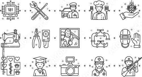 Linear icons of various professions and technical tools including computer programming mechanical repair culinary arts healthcare photography education and military service for professional design.