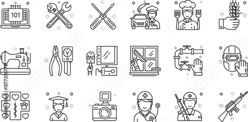 Linear icons of various professions and technical tools including computer programming mechanical repair culinary arts healthcare photography education and military service for professional design.