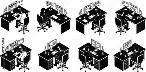 Black and white isometric vector icons of office employees working at computer desks with dual monitors for business workflow productivity and corporate workplace illustration.