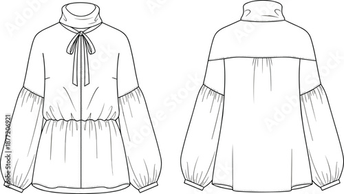 Technical fashion flat sketch of women's high neck blouse with tie detail puff sleeves and elasticated waist for apparel design and clothing manufacturing templates.
