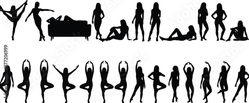 Black silhouette icons of women in various yoga poses fitness stretches and relaxed lounging positions for wellness health lifestyle and feminine beauty vector design.